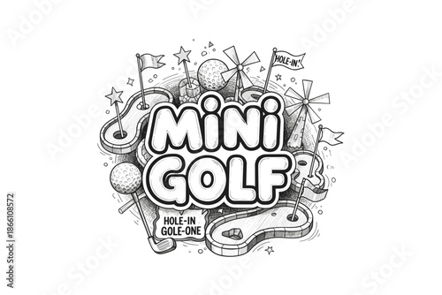 Whimsical mini golf adventure in monochrome line art style
