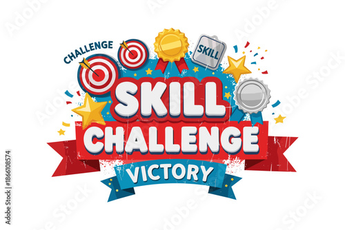 Skill challenge victory: colorful achievement celebration design with medals and targets