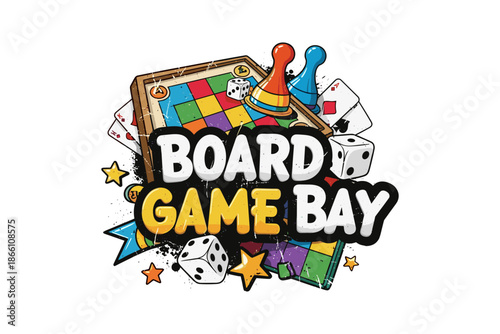 Colorful board game elements with dice and pawns on white background