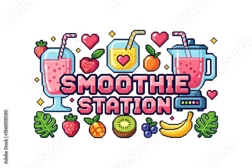 Pixel art smoothie station with fruits, blender and hearts in bright colors