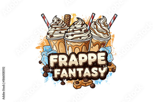 Frappe delight: whipped cream and chocolate coffee art with ice and straws