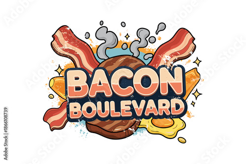 Playful breakfast logo with bacon and eggs for cafe branding