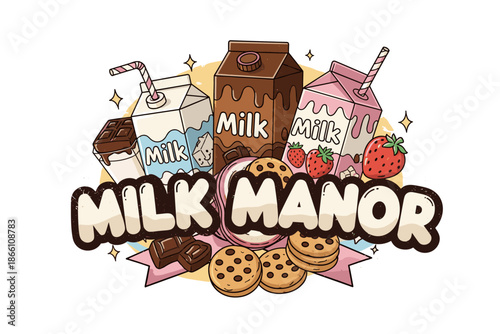 Milk manor: whimsical cartoon design with chocolate and strawberry flavors