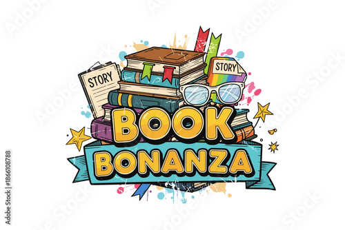 Colorful book festival emblem with stacked books, glasses, and banners in cartoon style