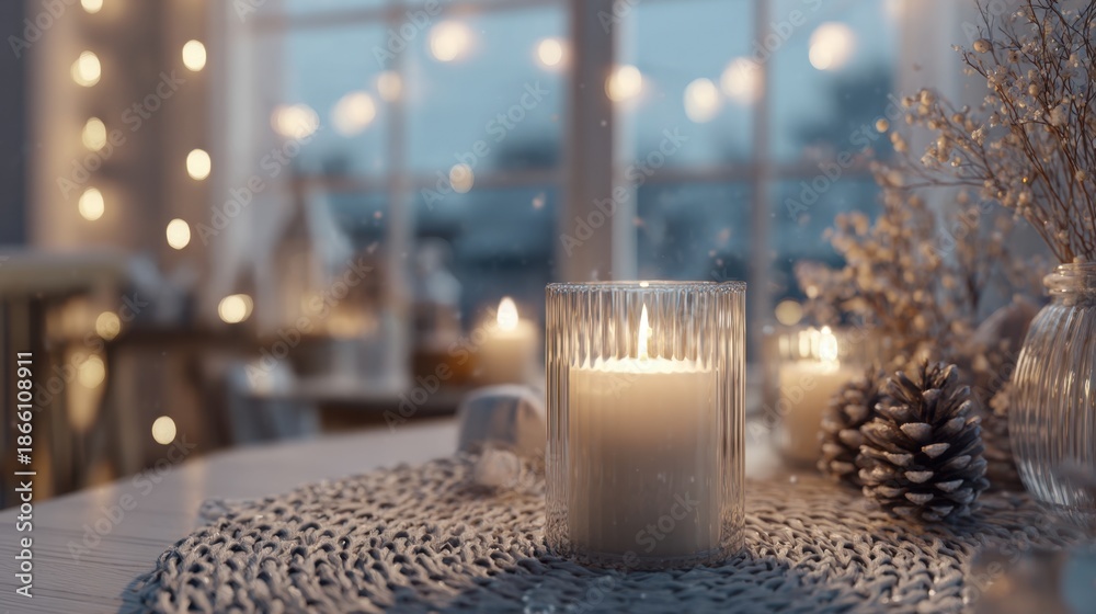 Fototapeta premium Soft Candlelight In Cozy Scandinavian Winter Interior