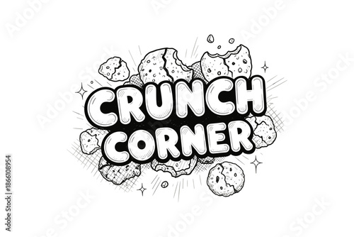 Bold comic style crunch corner with cookie crumbs on white background