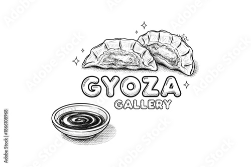Delicious gyoza with dipping sauce in hand-drawn sketch style
