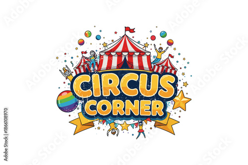 Colorful circus tent with performers and stars in playful cartoon style