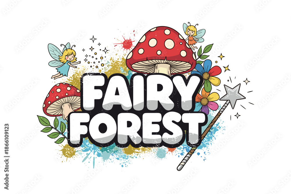 Naklejka premium Whimsical fairy forest with mushrooms and magic wand