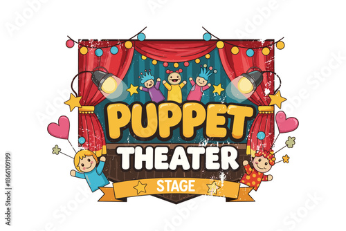 Puppet theater stage design with colorful characters and festive decorations