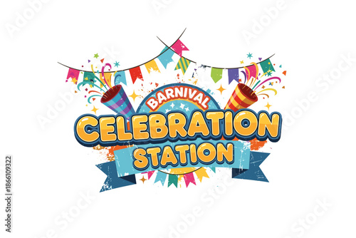 Colorful carnival celebration banner with confetti and flags