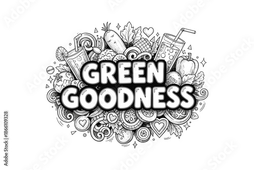 Green goodness doodle art: fresh fruits and vegetables in black and white