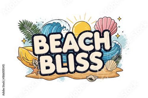 Tropical beach bliss with waves and sunshine in vibrant cartoon style