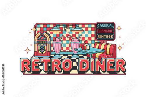 Retro diner scene with jukebox and milkshakes in colorful pop art style