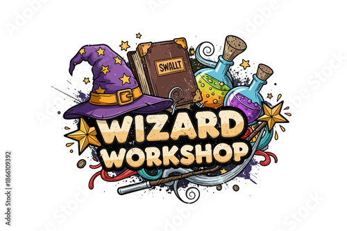 Magical workshop emblem with wizard hat, spellbook, and potion bottles