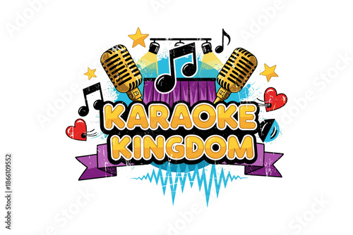 Colorful karaoke kingdom logo with vintage microphones and musical elements