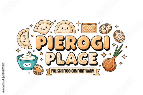 Pierogi place logo with cute dumplings and polish food elements
