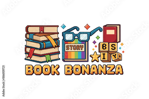 Colorful book bonanza with retro glasses and alphabet blocks