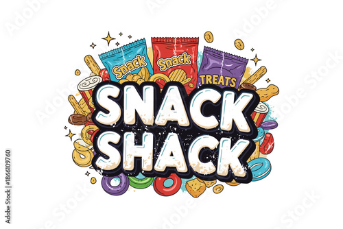 Colorful snack shack design featuring assorted treats and bold typography