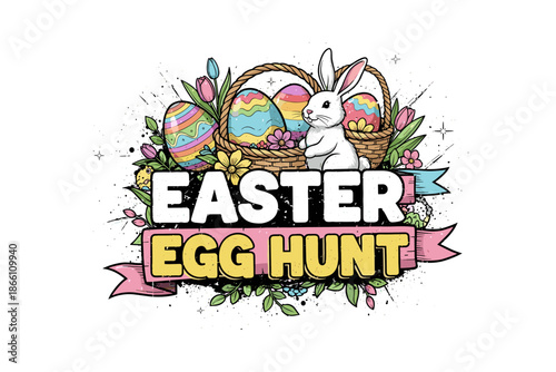 Easter egg hunt design with bunny, basket, flowers, and colorful eggs