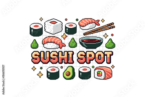 Retro pixel art sushi collection with nigiri, maki, wasabi, and soy sauce
