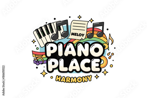 Colorful music-themed logo with piano keys and musical notes