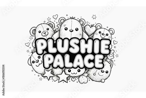 Cute plushie characters with fun lettering and doodles in black and white