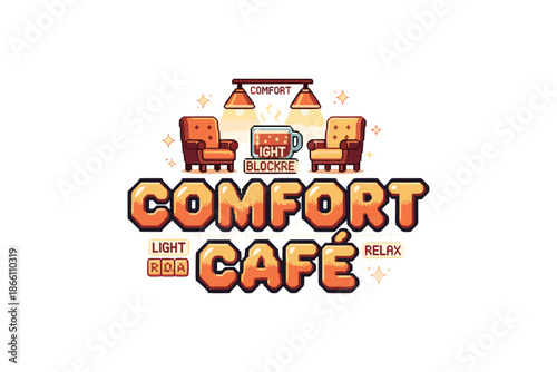 Cozy retro café with relaxing armchairs and warm lighting in pixel art style