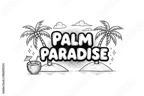 Tropical getaway: hand-drawn palm paradise with coconut drink