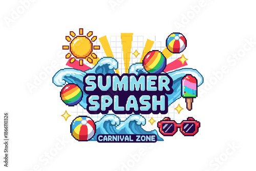 Retro pixel art summer party with beach waves and carnival vibes