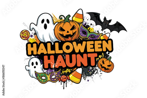 Halloween haunt: spooky festivities with pumpkins, ghosts, and candy