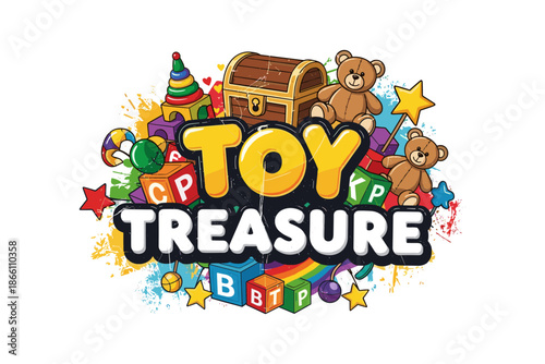 Colorful toy collection with blocks, teddies, and treasure chest for kids