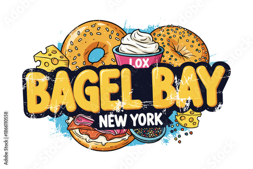 Colorful new york bagel shop design with bold typography