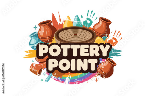 Colorful pottery design with abstract elements and handprints