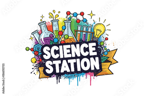 Colorful science station with chemical glassware and molecules