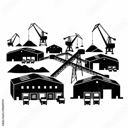 Industrial Port with Cranes and Warehouses for Cargo Operations.