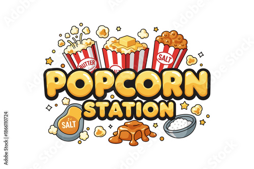 Colorful popcorn station design with butter, caramel, and salt snacks