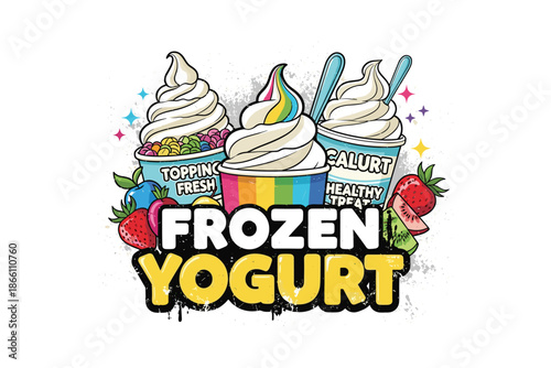 Colorful frozen yogurt delight with fruit and toppings in cartoon style