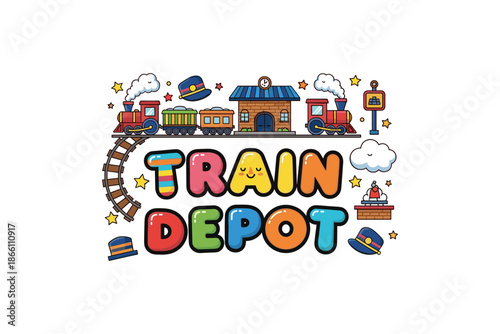 Colorful cartoon train depot with locomotive and railway elements for kids