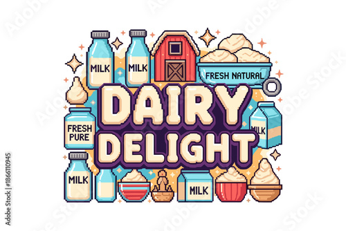 Colorful pixel art dairy theme with milk bottles and butter