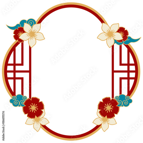 Chinese frame with oriental decoration, lanter, clouds, flower. Oriental asian frame for lunar new year. Vector isolated.