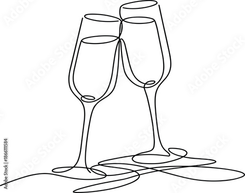 Champagne glasses line art illustration showing clinking wine flutes isolated on white background, minimal celebration toast party concept design