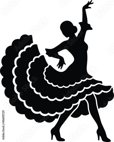 Elegant flamenco dancer silhouette wearing ruffled dress performing Spanish dance isolated on white background, passionate culture art illustration design