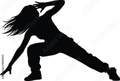 Dynamic female dancer silhouette performing urban hip hop pose isolated on white background, energetic street dance movement concept illustration design