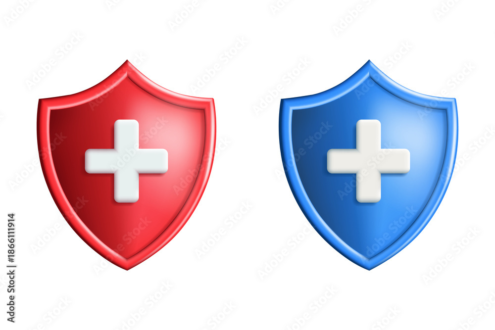 Fototapeta premium 3D Red Medical Shield Icon with White Cross for Healthcare Protection and Emergency Safety Concept Isolated on Transparent Background