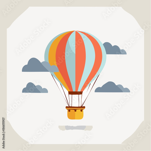 Vibrant Hot Air Balloon With Colorful Stripes Ascending Through Cloudy Sky With Basket Ready For Adventure