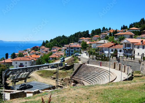 Canvas Print The ancient theater of Ohrid overlooking Lake Ohrid and the historic town