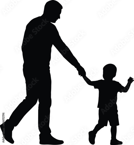 Father holding little son hand walking together, family love silhouette isolated on white background, parenting support care concept illustration