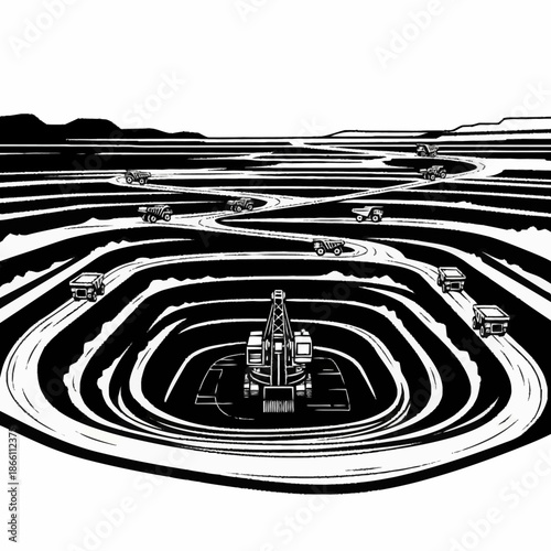 Large scale open pit mining operation with heavy equipment and haul trucks.
