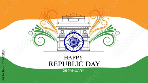 Indian republic day celebration graphic with gate of india and national flag colors with Indian flag and Patriotic and National holiday and Festival